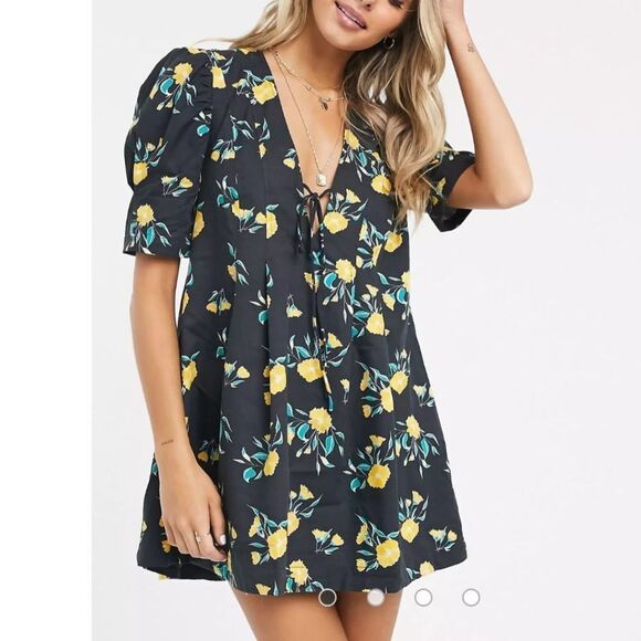 NWT Free People Adelle Floral Printed Mini Dress Tunic with Puff Short Sleeves - Picture 2 of 12